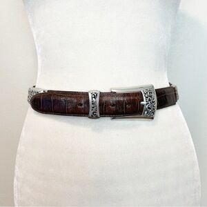 Brighton Vintage Croc Embossed Leather Belt Silver Plated Links Hardware Medium